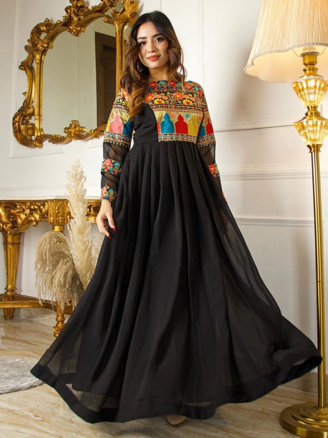 Buy Party Wear Black Printed Pashmina Silk Kids Gown Online From Surat  Wholesale Shop.